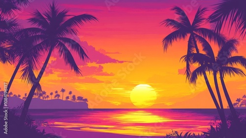 A tropical beach at sunset, with palm trees silhouetted against a sky ablaze with orange, pink, and purple hues