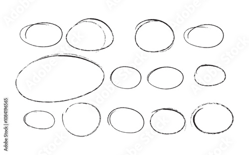 Set of sketch contours of a ellipse on white background, drawn manually with a single line marker. An empty element for marking, highlighting important things, Vector format