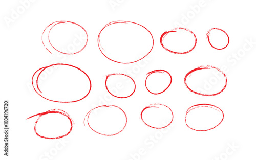 Set of sketch contours of a ellipse on white background, drawn manually with a single line marker. An empty element for marking, highlighting important things, Vector format