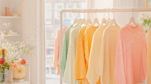 Soft pastel sweaters hang on clothing rack, creating serene and inviting atmosphere. gentle colors evoke sense of calm and warmth, perfect for cozy day
