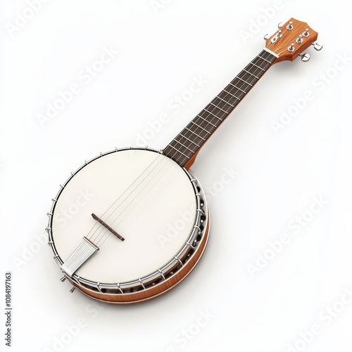 A beautifully crafted banjo with a white body on a white isolated background.
