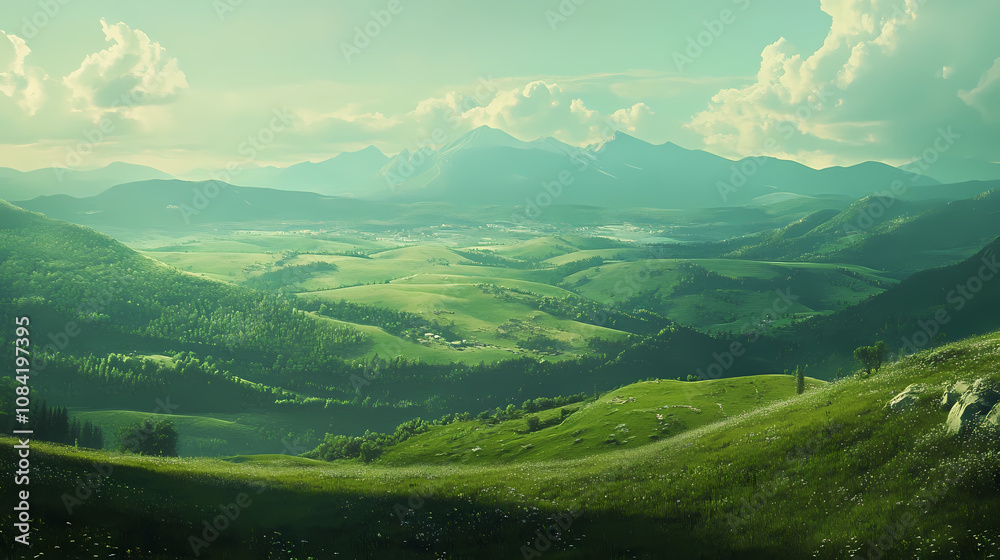 Fototapeta premium Green rolling hills and mountains in the distance. Elysium. Illustration