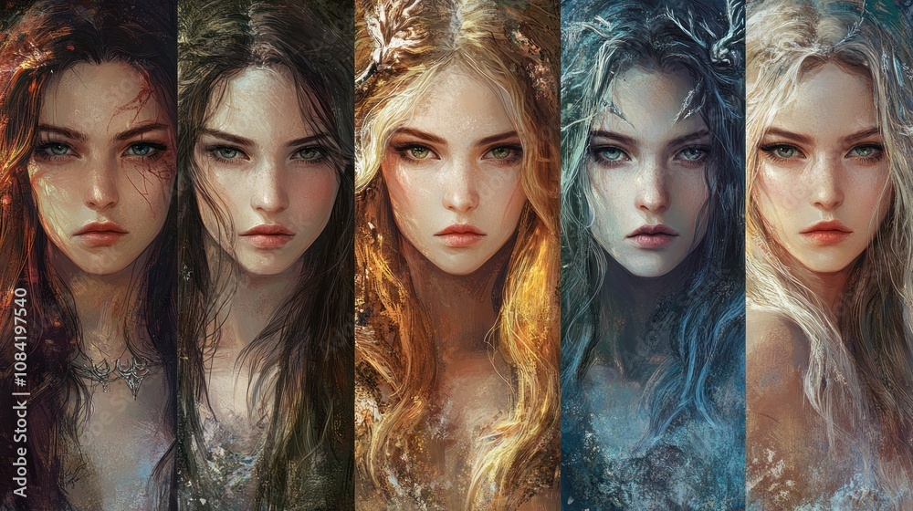 Obraz premium Beautiful fantasy fairy tale elf woman princess portrait collection set wallpaper AI generated image
