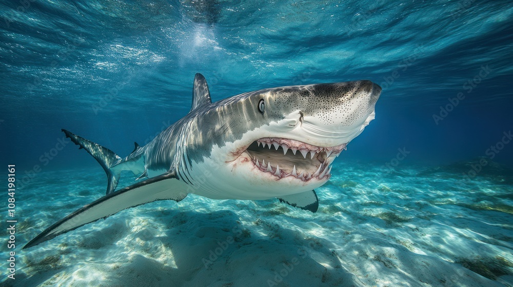 Fototapeta premium Big angry and vicious shark sharp teeth background wallpaper AI generated image