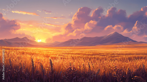 Landscape photography of a golden wheat field during sunset. Elysium. Illustration