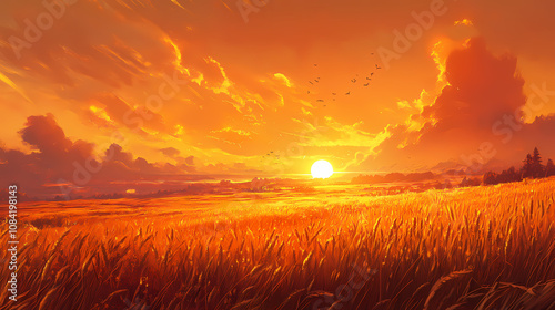 Landscape photography of a golden wheat field during sunset. Elysium. Illustration
