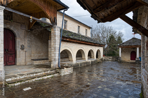 View of the old Church the Dormition of Virgin or Koimisis tis Theotokou at the traditional village of Dilofo at the area of Zagori in Epirus, Greece
