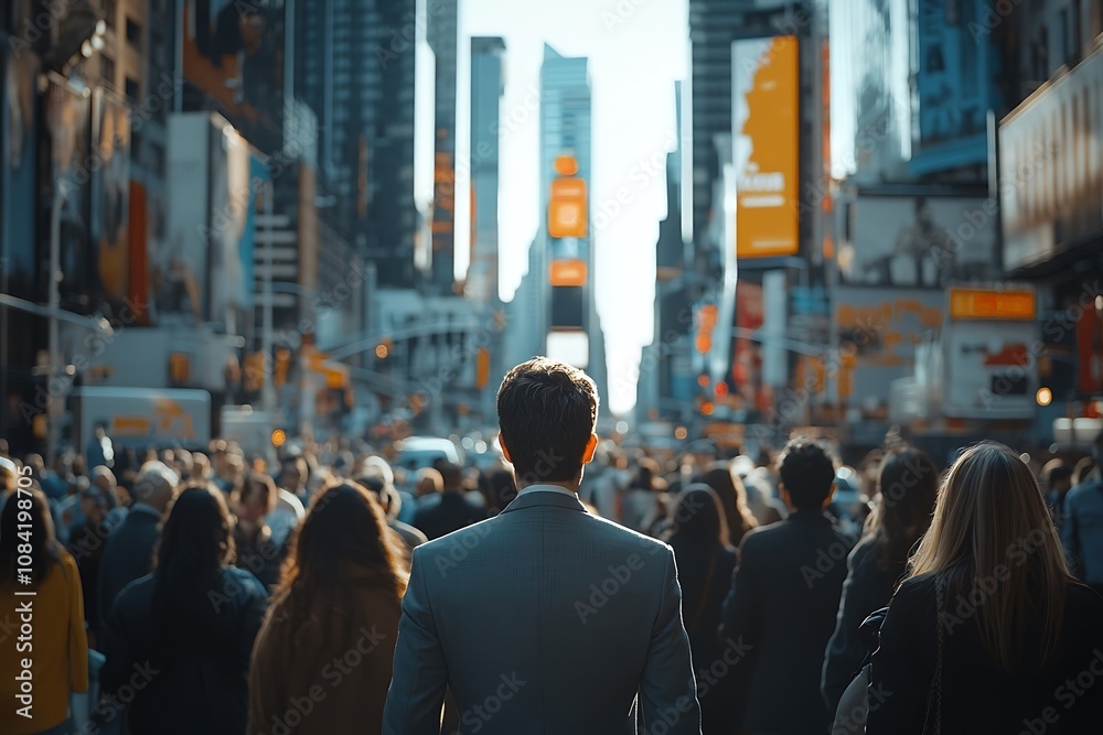 Obraz premium Man in City Center Walking Towards Sunlight, Depth of Field Blur
