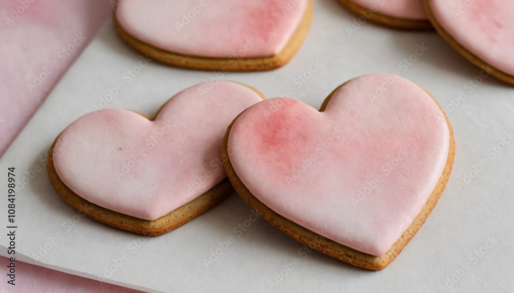 Obraz premium Delicious heart-shaped cookies with pink icing on baking paper for romantic occasions