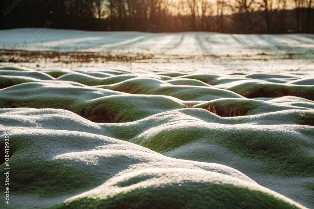 Naklejka premium Snow-Covered Landscape with Soft Sunlight and Textured Ground