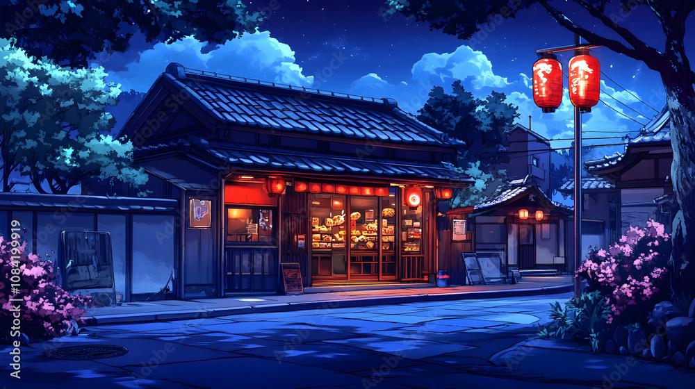 Fototapeta premium Nighttime digital illustration of a Japanese street scene with a store brightly lit, showcasing various goods, under a starry blue sky and traditional red lanterns.