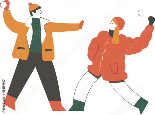 Winter Snowball Fight Illustration - People in Warm Clothing Having Fun Outdoors