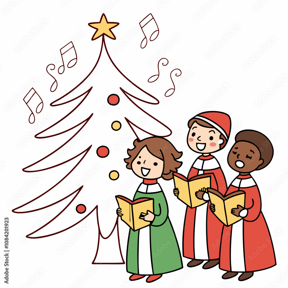 Fototapeta premium Christmas Tree with Carolers Vector Illustration