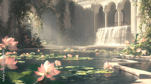 Blooming lotus flowers and an elegant waterfall in a peaceful garden haven. Elysium. Illustration photo