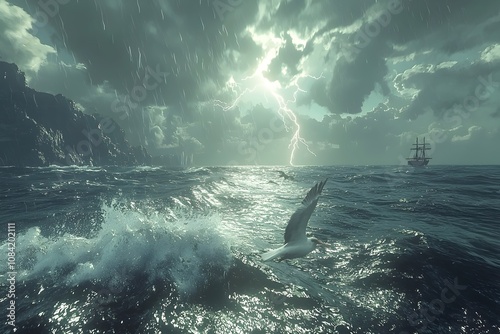 A dramatic seascape featuring stormy weather, with dark clouds illuminated by lightning and waves crashing against the shore, while a ship bravely navigates the turbulent waters.