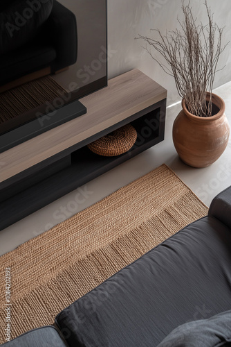 A warm and calming living room corner from a top view, showcasing a taupe sofa with textured cushions, a sleek bamboo TV counter, and a wool throw blanket.