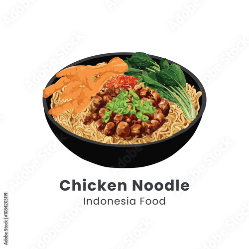Hand drawn vector illustration mie ayam or chicken noodle indonesian cuisine