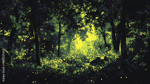 Dimly lit nocturnal elysian genetic fantasy forest. Elysium. Illustration