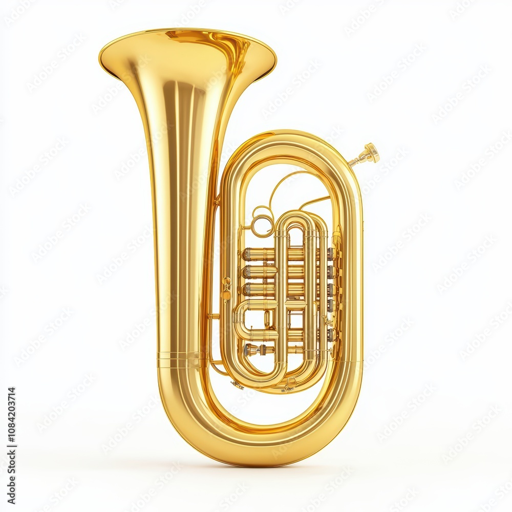 Fototapeta premium Gold tuba instrument on a white isolated background, ideal for music-themed projects and compositions.