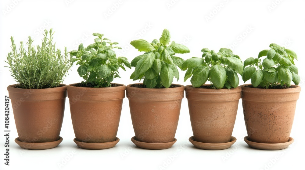 Obraz premium A collection of five terracotta pots with vibrant herbs such as rosemary and basil, perfect for gardening blogs, culinary websites, or home dÃ©cor materials focused on natural themes,