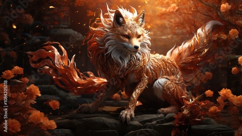 A majestic golden fox with flowing mane and tail, sitting on rocks in a magical forest. photo