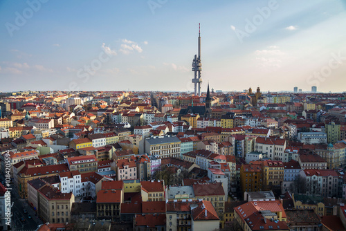Photography Prague skyline with Zizkov television tower transmitter, Czechia, Czech Republic