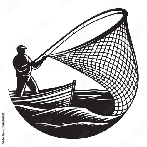Fisherman casting a net silhouette vector art black color design and solid white background