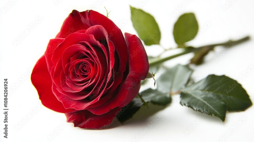 Fototapeta premium A fully bloomed red rose with a rich, vibrant color and a short stem, set against a pure white background. 