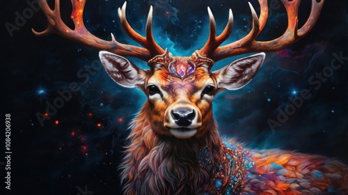 A majestic deer with large antlers stands against a starry night sky. The deer has a colorful, intricate design on its fur and a glowing gem on its forehead. photo