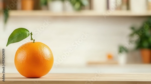 A single orange with a green leaf sits on a wooden surface against a softly blurred background of indoor plants and shelves, perfect for use in food-related projects or healthy lifestyle promotions, photo