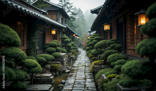 Fototapeta Naklejka Na Ścianę i Meble -  a small street with a stone walkway and a building with a lantern on it.