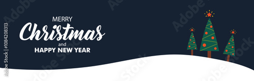 Simple and minimalist Merry christmas banner background with a christmas tree and snow vector stock illustration.