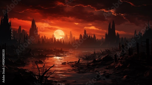 Ruined cityscape with destroyed buildings. Digital art painting for book illustration. 