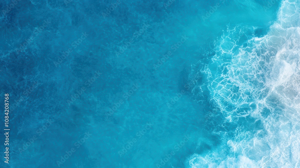 Fototapeta premium A vibrant aerial view of the ocean, showcasing its clear blue waters and frothy white waves, This image can be ideal for travel blogs, beach resort advertisements, or environmental campaigns,
