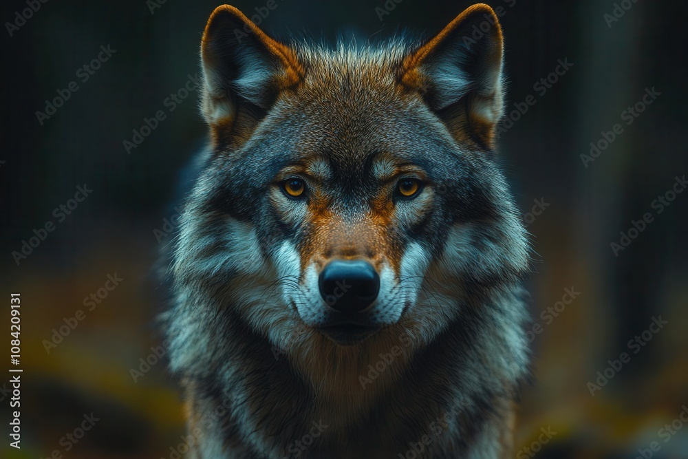 Fototapeta premium alert eurasian wolf stands in a lush summer forest, facing the camera with piercing eyes, embodying the spirit of the wild, set against a natural backdrop