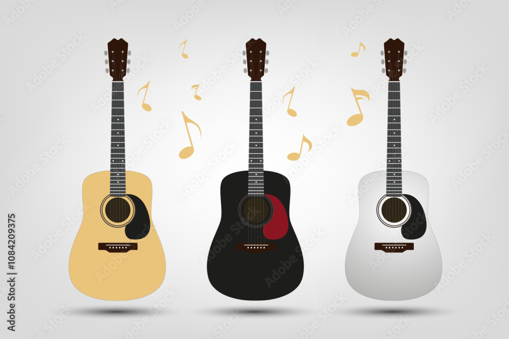 Obraz premium Set of three vector acroustic guitars with musical icons on white background, three collection of acroustic guitars music elements is used for singers.