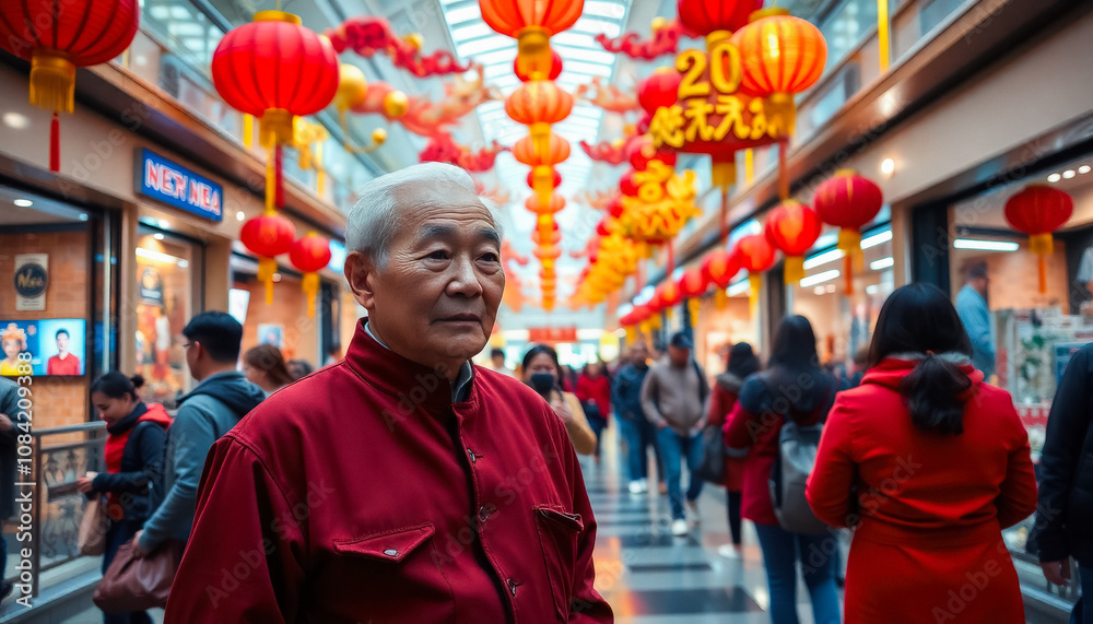 Fototapeta premium Elderly mature man in stylish clothes with festive mood among decorated modern shopping mall in honor of Chinese New Year. Preparing and buying gifts for the holiday.