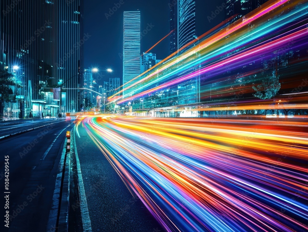 Fototapeta premium A vibrant cityscape at night, featuring colorful light trails from passing vehicles against a backdrop of modern skyscrapers.