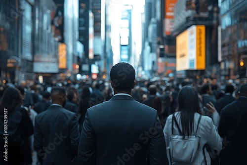 Man in Suit Walking Through City Crowd with Blurred Background2 photo