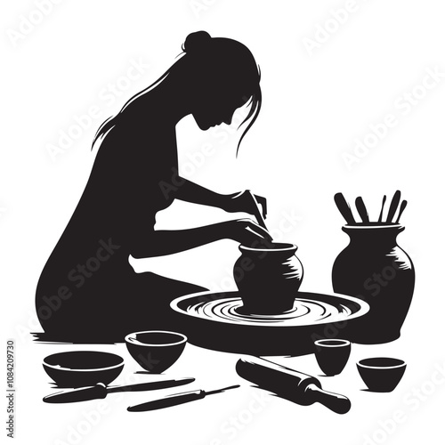 Person doing pottery silhouette vector art black color design and solid white background