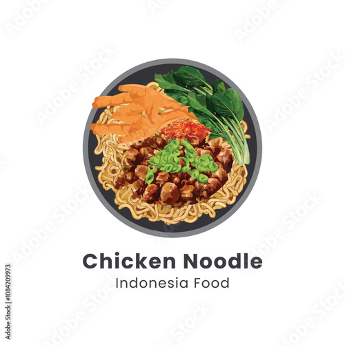 Hand drawn vector illustration mie ayam or chicken noodle indonesian cuisine