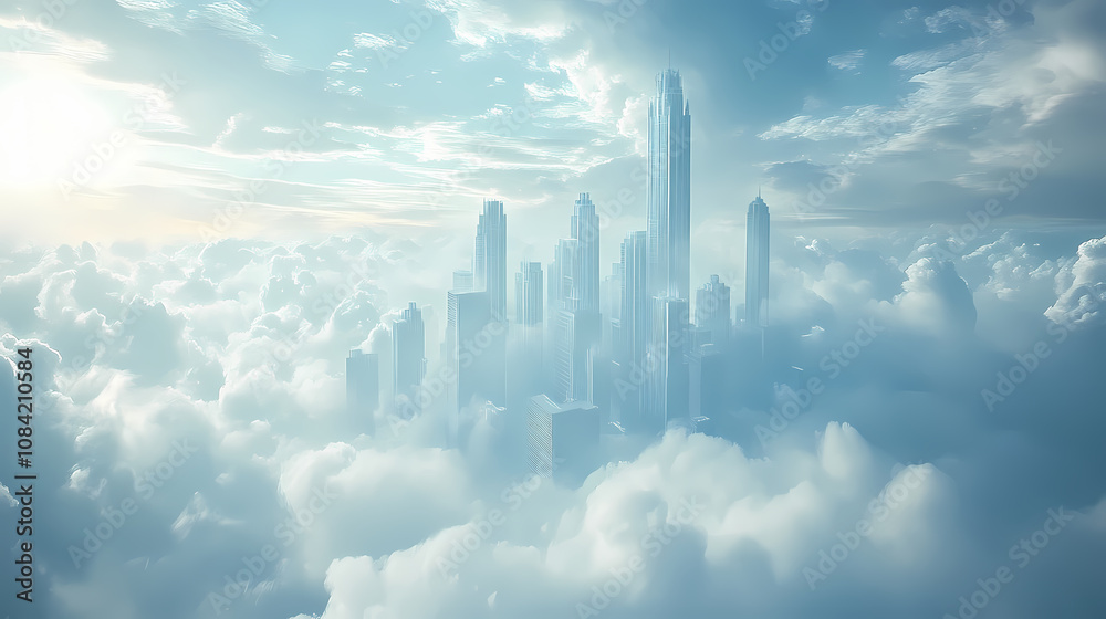 Fototapeta premium A skyscraper city in the clouds, inhabited by beings of light. Elysium. Illustration