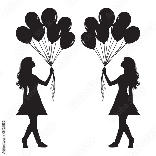  Person holding balloons silhouette vector art black color design and solid white background