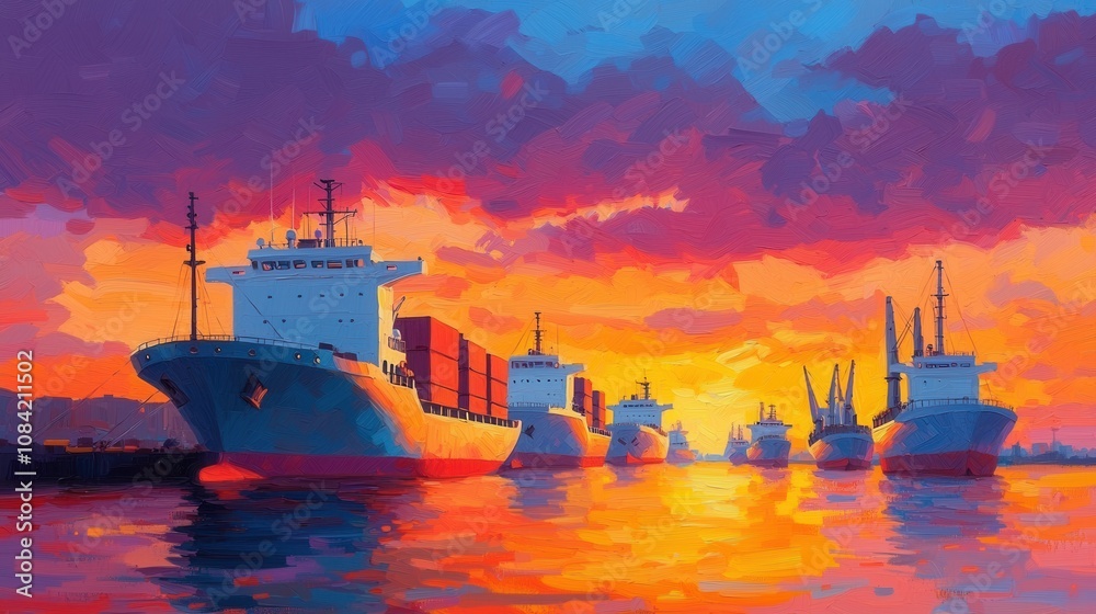 Naklejka premium Colorful Sunset Over the Harbor with Cargo Ships and Industrial Cranes, Vibrant Sky, Reflection in Water, Serene Marine Landscape Setting for Maritime Themes