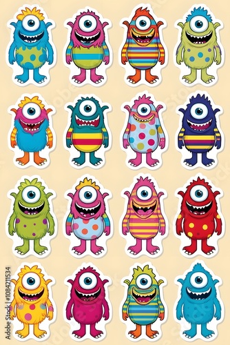 Wallpaper Mural A Collection of Cheerful One-Eyed Monsters: A Delightful Array of Colorful Cartoon Creatures with Quirky Stripes, Polka Dots, and Fuzzy Textures Torontodigital.ca