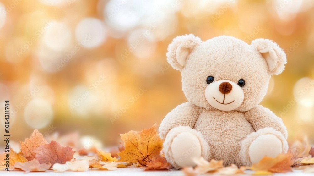 Fototapeta premium A cute teddy bear sits among autumn leaves, exuding warmth and charm, perfect for seasonal marketing, children's products, or themes of comfort and nostalgia,