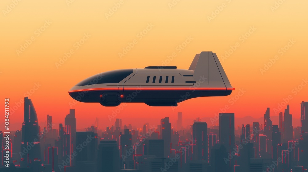 Naklejka premium Futuristic Flying Vehicle Over Urban Skyline at Sunset, Capturing the Essence of Advanced Transportation and Innovative City Life in a Dreamlike Setting
