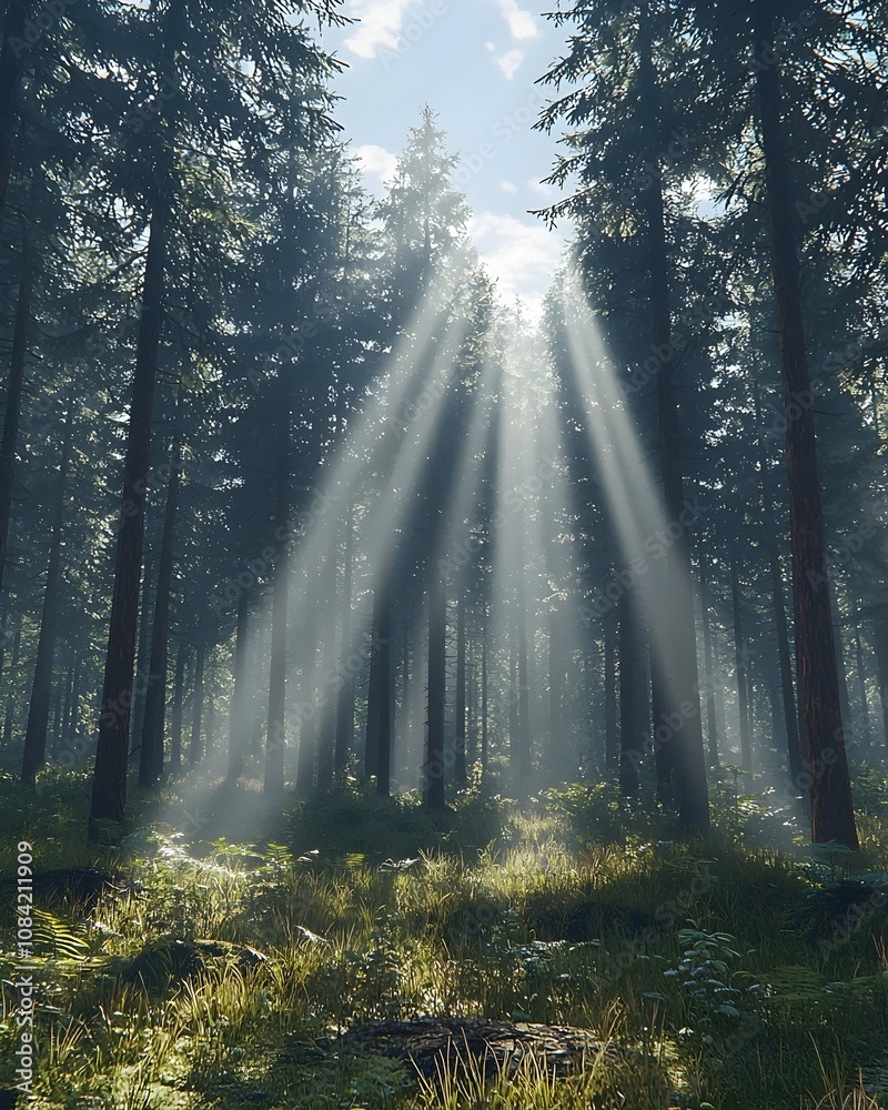 Obraz premium A serene forest scene with sunrays piercing through tall pine trees, creating a tranquil and mystical atmosphere, surrounded by lush greenery and soft undergrowth.