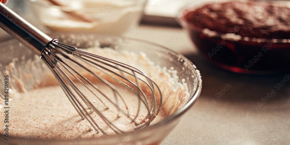 Fototapeta premium Whisking Ingredients in Bowl, Baking Preparation in Progress