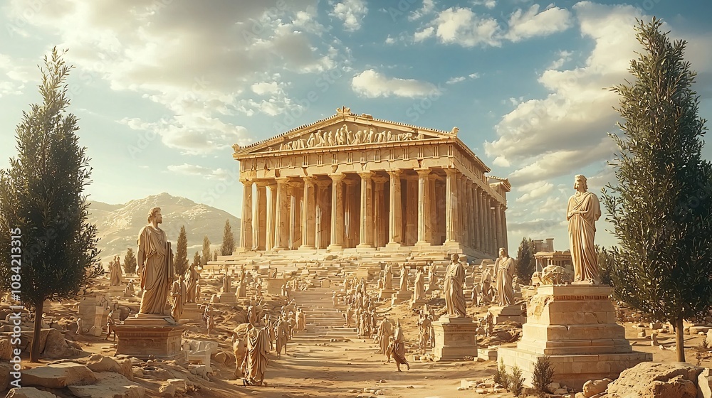Fototapeta premium Ancient Temple with Statues in a Scenic Landscape